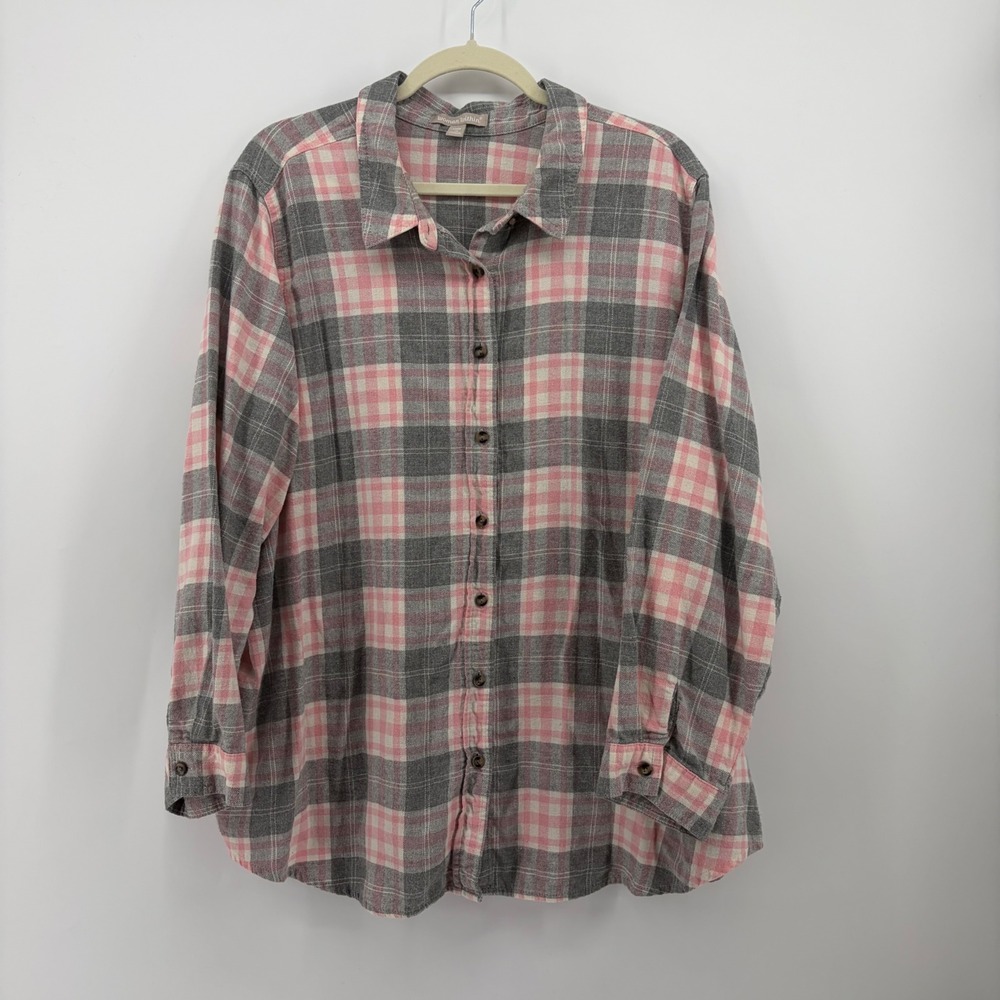 Woman Within Womens 1X Pink Grey Plaid Flannel Long Sleeve Button Down Shirt